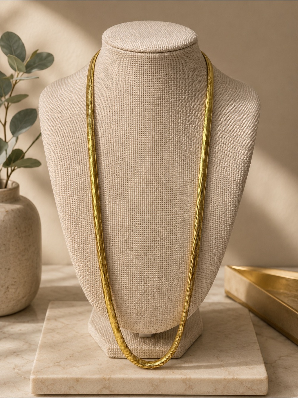 Long Gold Herringbone Chain Necklace